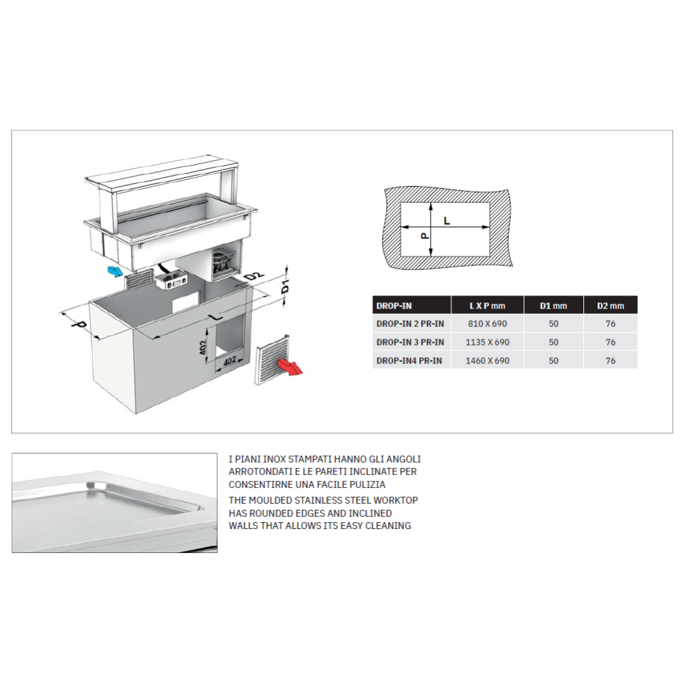 COMPTOIR RÉFRIGÉRÉ EN ACIER INOXYDABLE DROP-IN-4PR-IN