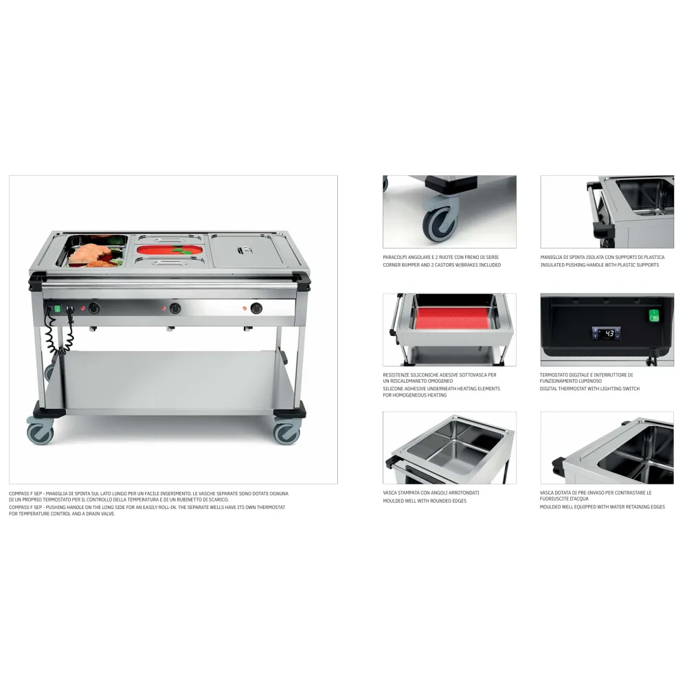 CHARIOT BAIN-MARIE EN ACIER INOXYDABLE COMPASS 3 F SEP