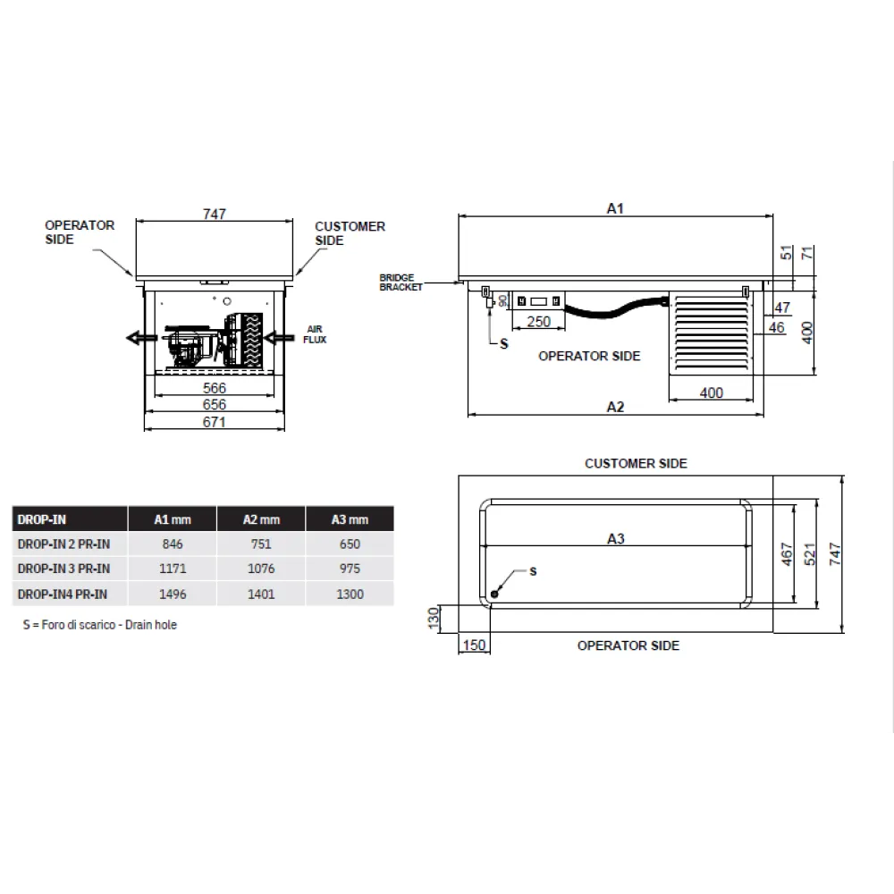 COMPTOIR RÉFRIGÉRÉ EN ACIER INOXYDABLE DROP-IN-3PR-IN
