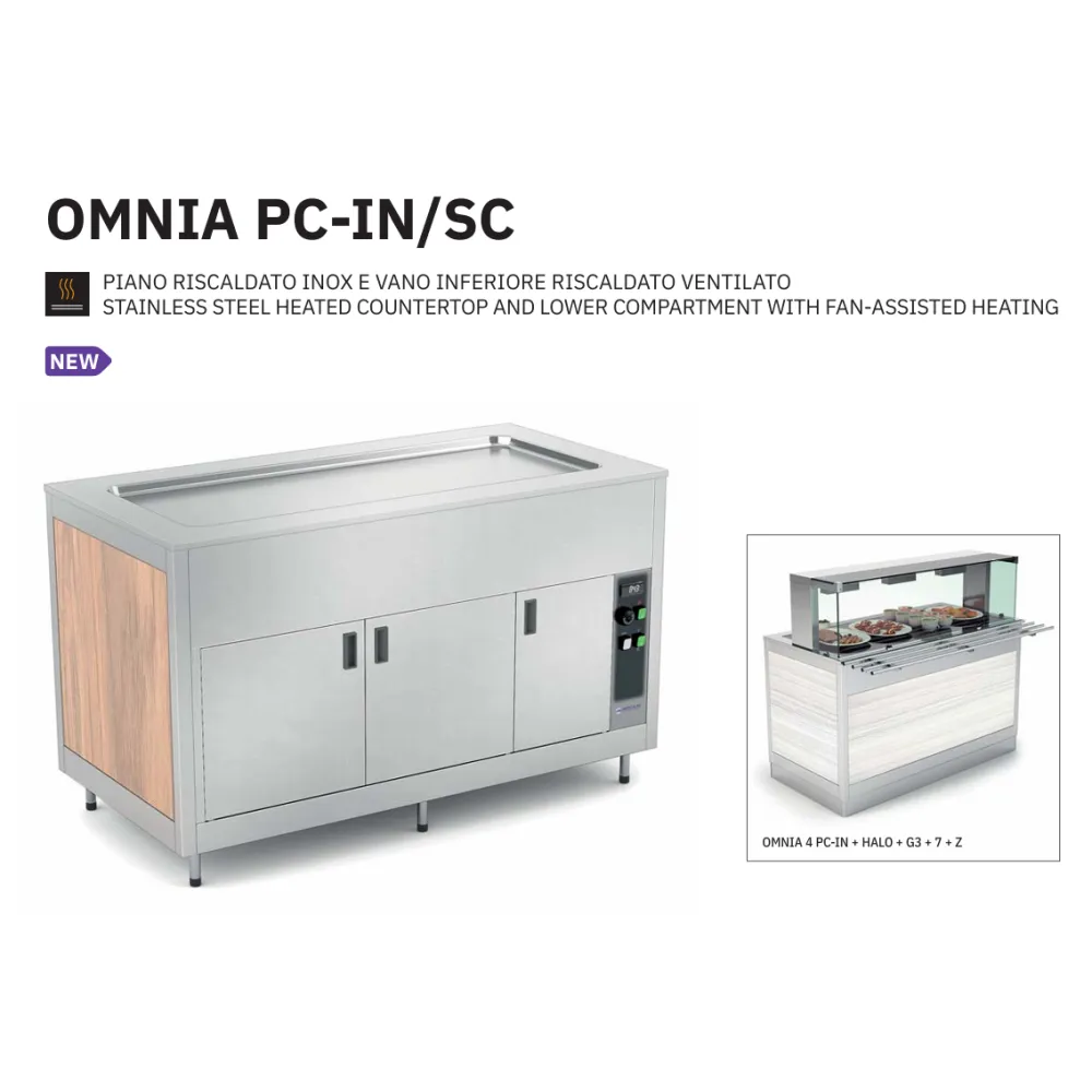 BUFFET AVEC COMPTOIR CHAUFFANT EN ACIER INOXYDABLE ET COMPARTIMENT INFÉRIEUR AVEC CHAUFFAGE PAR VENTILATION OMNIA 4PC-IN/SC