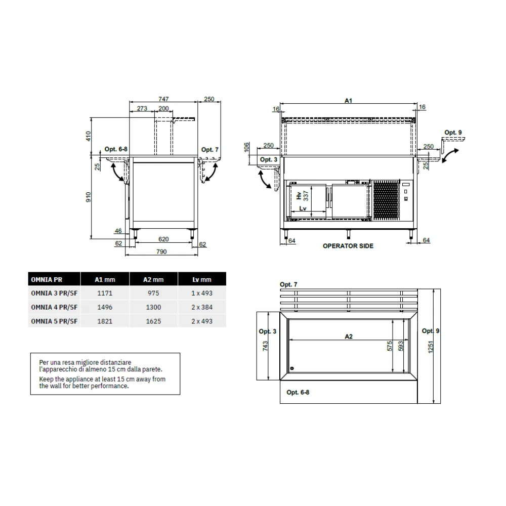 BUFFET RÉFRIGÉRÉ AVEC PLAN DE TRAVAIL HANEX® BETACRYL ET COMPARTIMENT INFÉRIEUR FROID OMNIA 3PR/SF