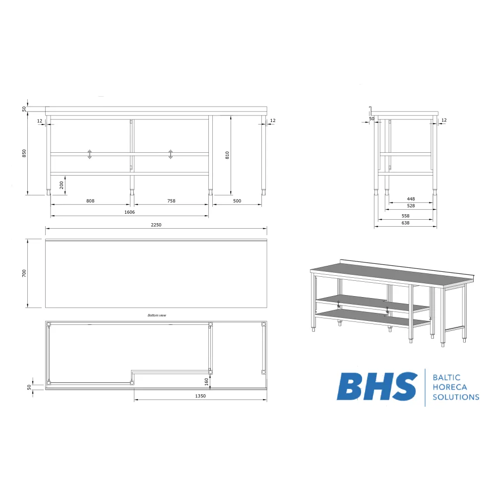 Table professionnelle inox 2 étagères Novameta 2250 mm