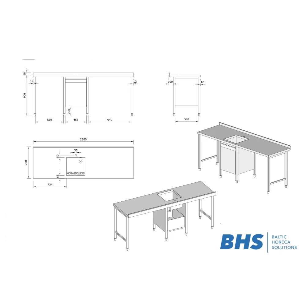 Table en acier inoxydable avec évier 2200x700x900 mm