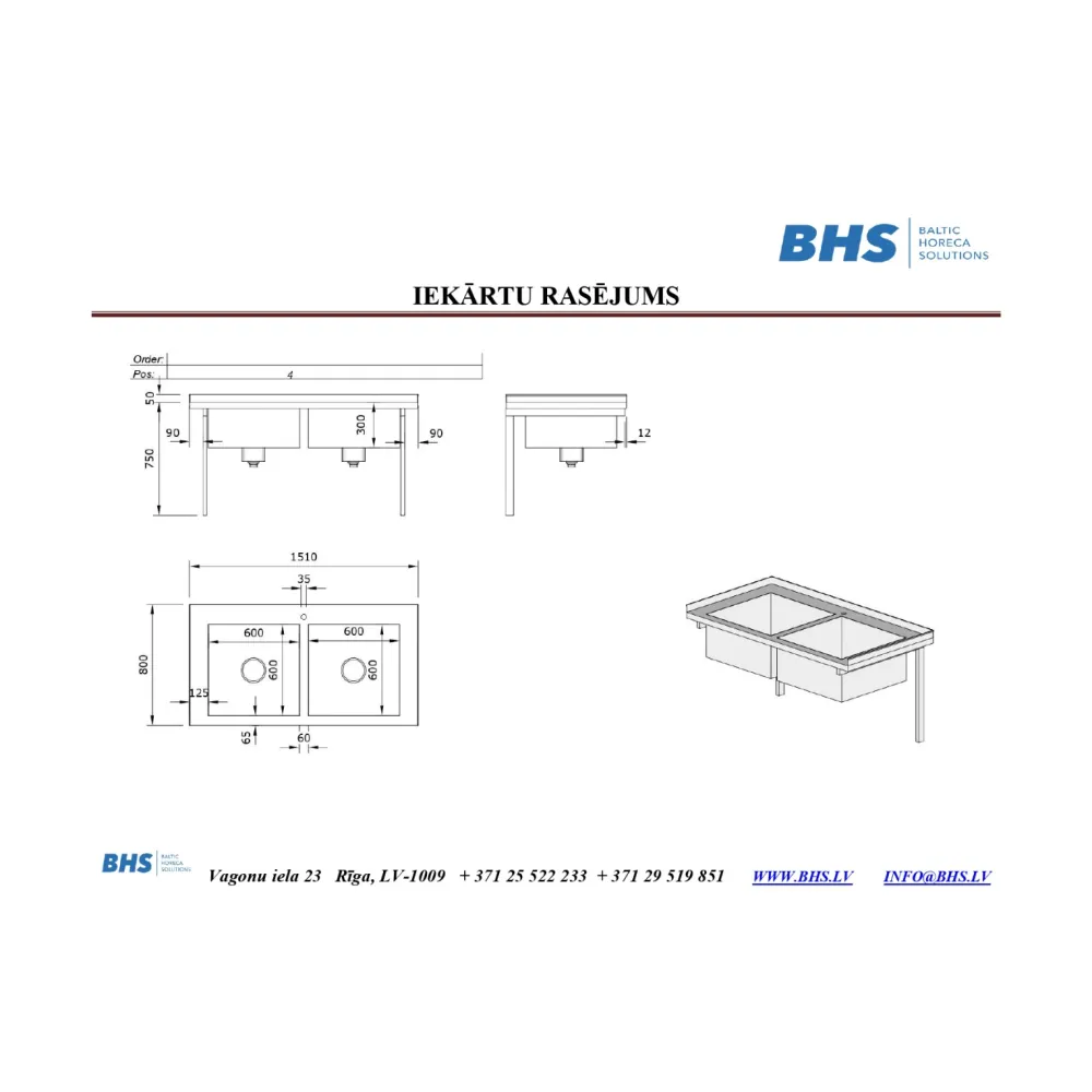 Stainless steel surface with two basins 1510 mm