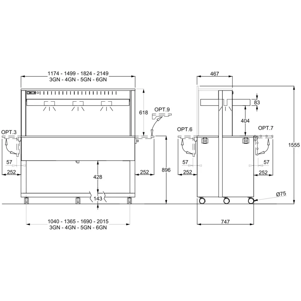 BUFFET CHAUFFANT AVEC LAMPES HALOGÈNES CHAUFFANTES ATHENA 3 BM/HALO W