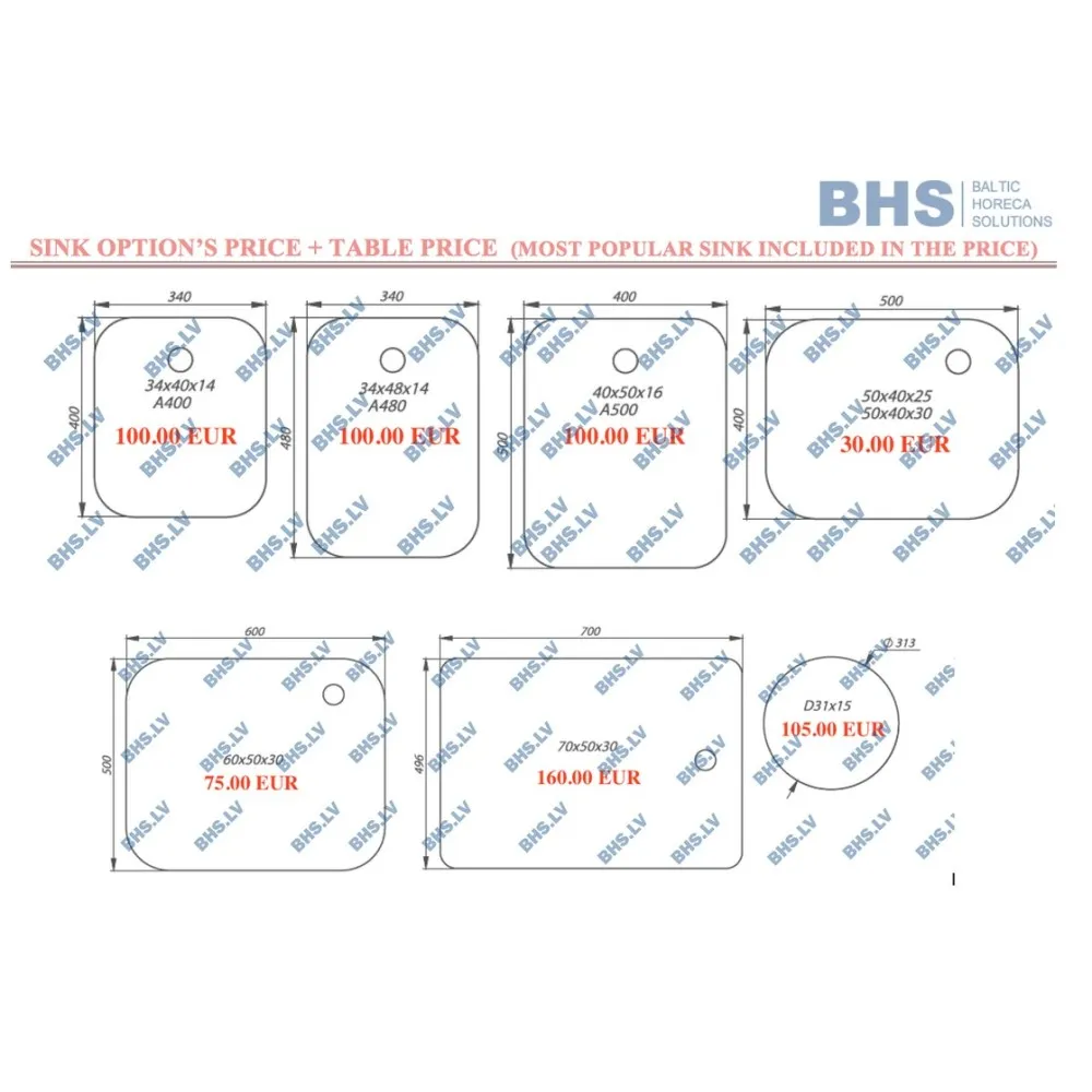 Table en métal avec évier sans étagères 1400