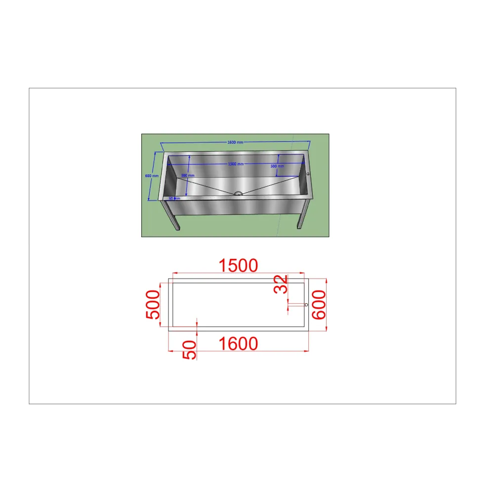 Bac en acier inoxydable autoportant 1600 mm