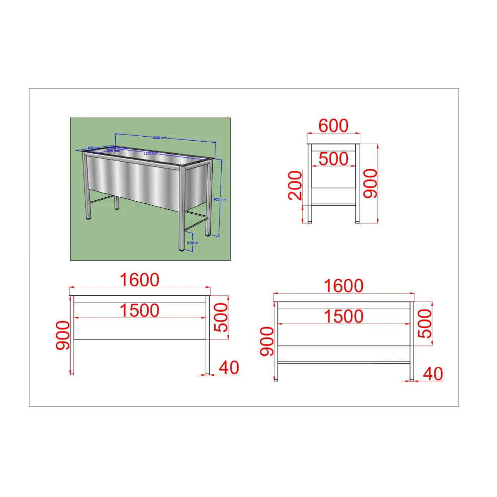 Bac en acier inoxydable autoportant 1600 mm