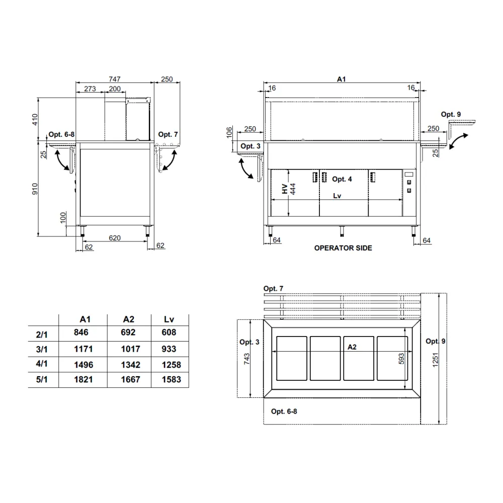 Buffet avec plan de travail chauffant en verre trempé OMNIA 4PC