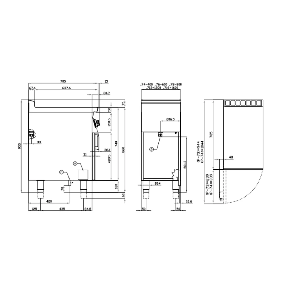 Fry-top gaz nervuré LOTUS FTR-74G sur meuble ouvert 70 cm